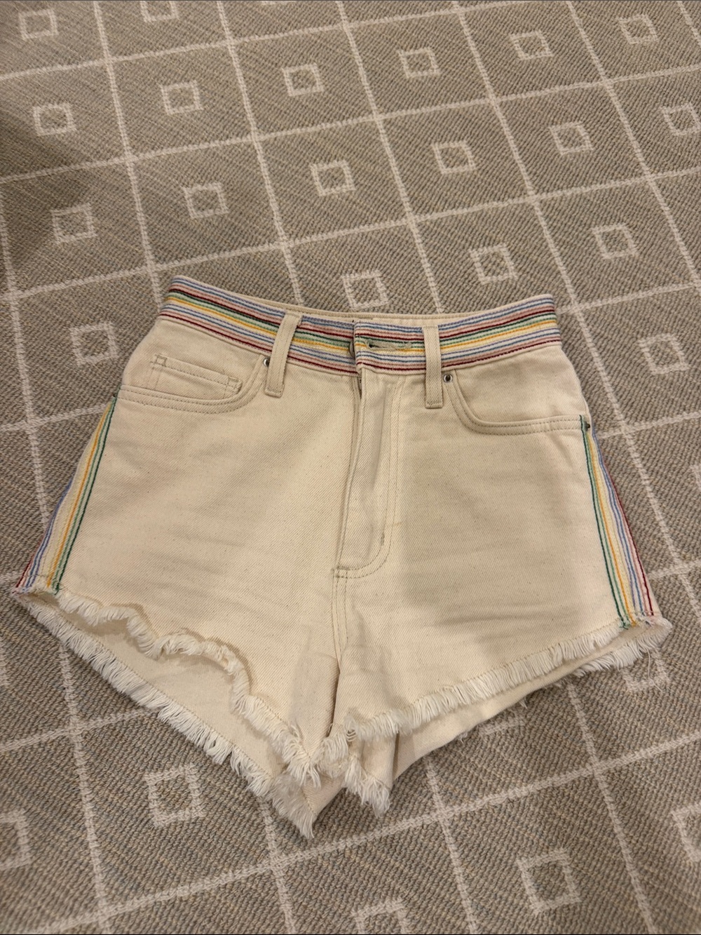 Lee Cream High-Rise Denim Shorts with Rainbow Stripe Trim